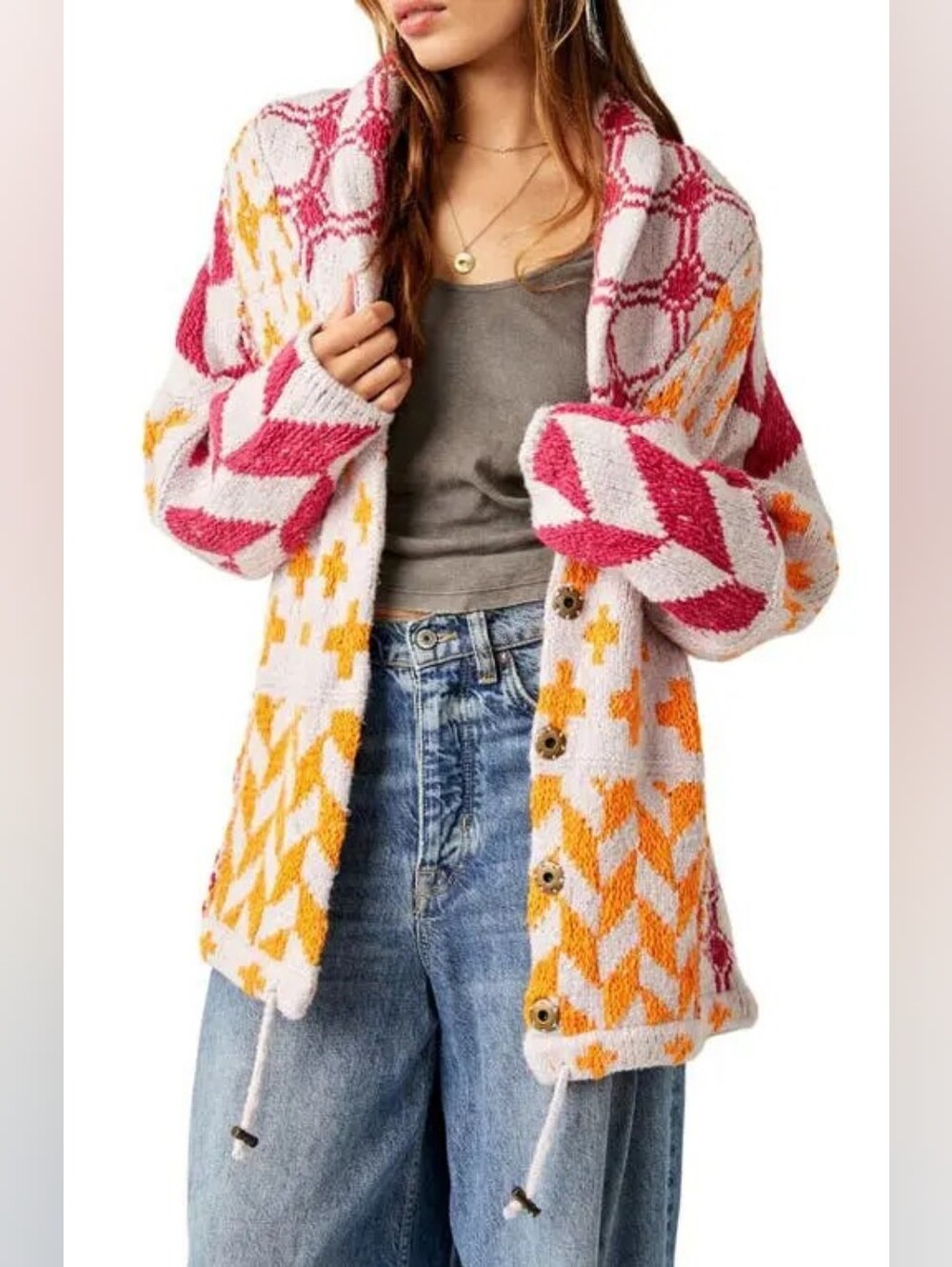 Oversized Collared Neck Graphic Print Long Sleeve Cardigan